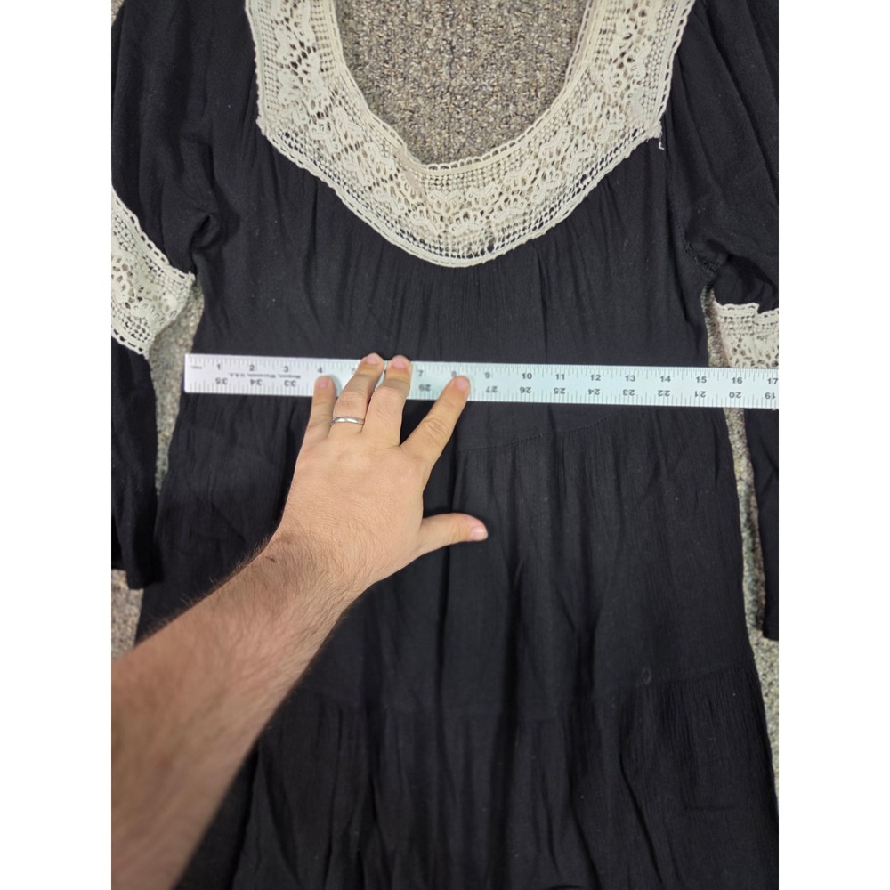 My Story Tiered Mini Dress Womens Small Black Crochet Lace Bell Sleeve Boho - Picture 12 of 16